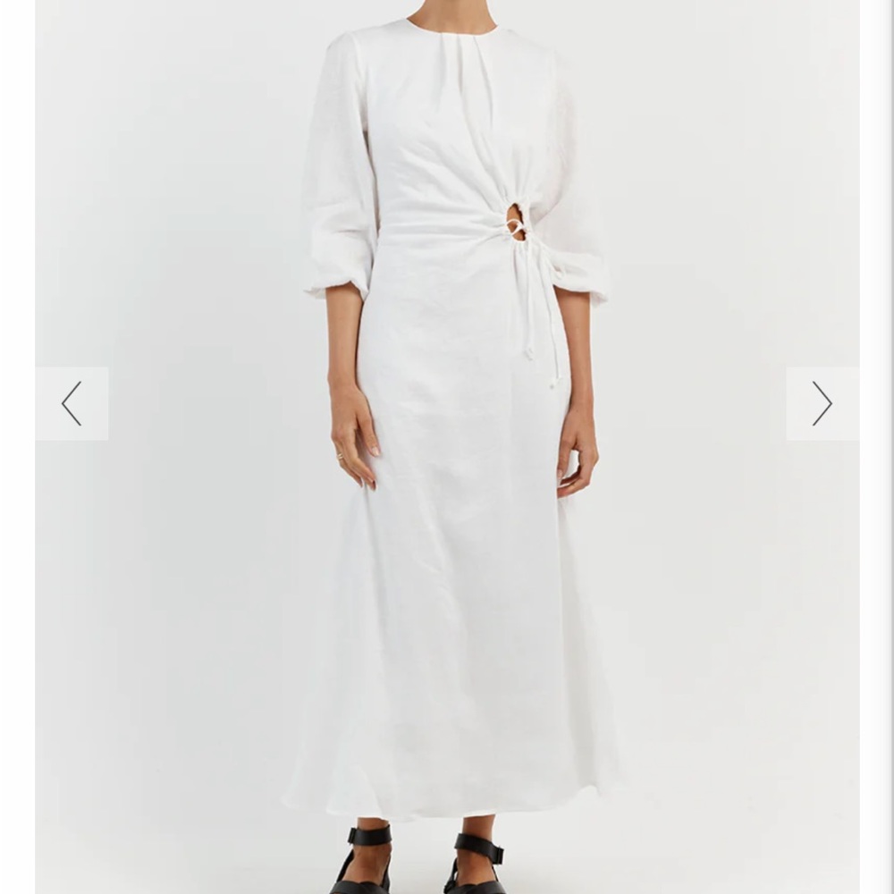 DISSH BEAU WHITE SLEEVED LINEN MIDI DRESS